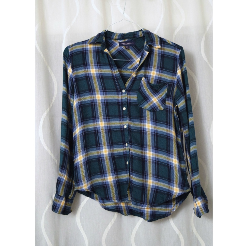 NWT Blue & Green Plaid High-low Button Up Flannel Shirt | Size XS